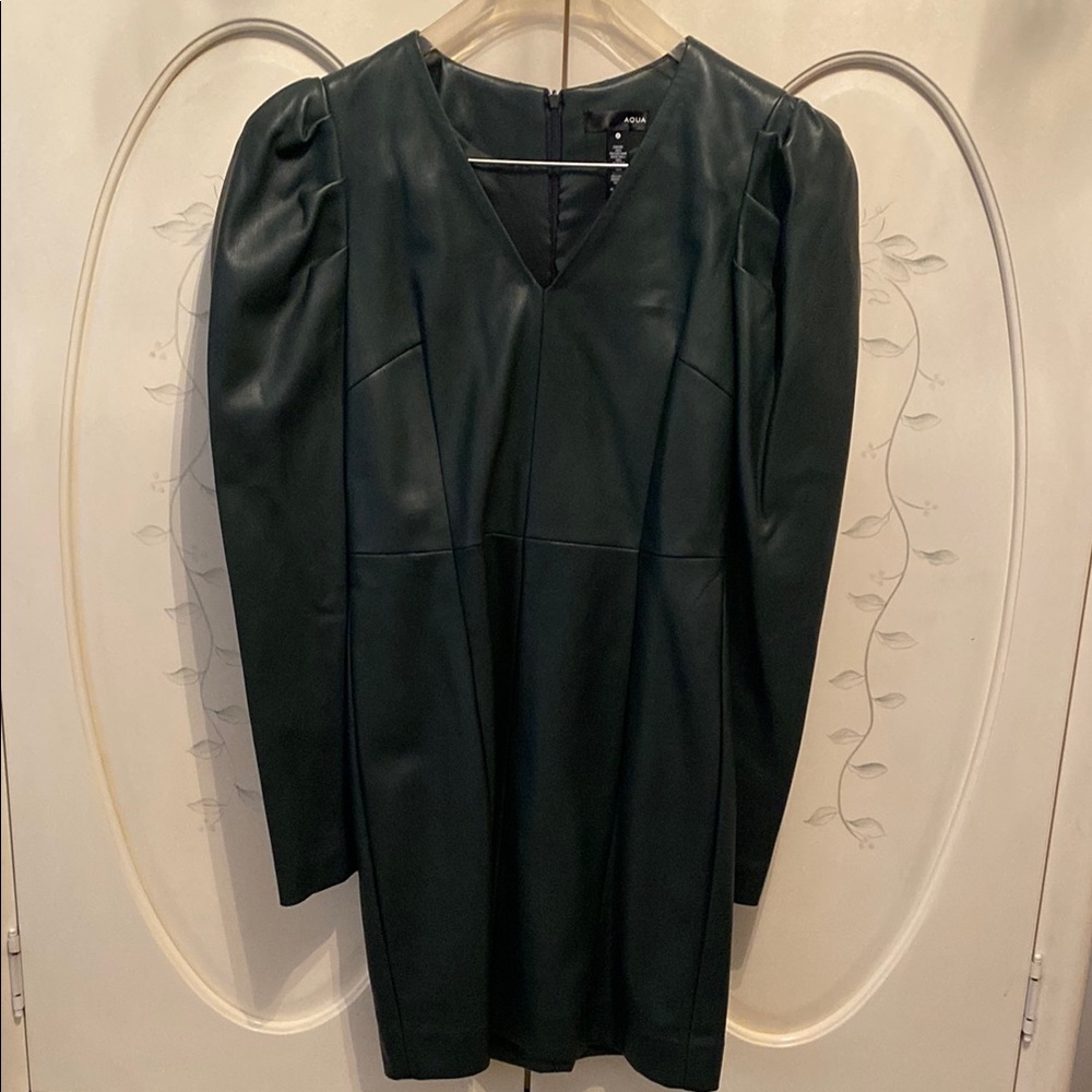 Aqua dark green vegan leather Sheath Dress with Puff Sleeves and V-Neck